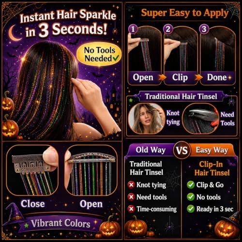 Hair Tinsel Clip in Black+Orange+Purple Colorful Fairy Hair Tinsel Kit - Image 5