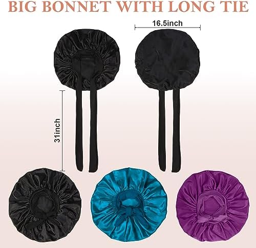3Pcs Bonnets for Sleeping, Extra Satin Silk Bonnet for Sleeping Women with Tie Band for Curly Hair Jumbo Bonnet Braids - Image 6