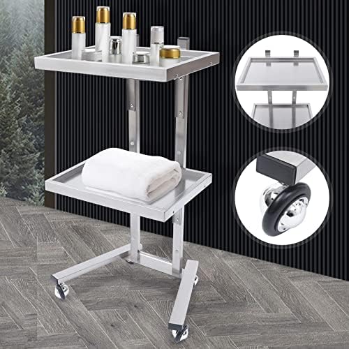 2 Tier Metal Rolling Cart, Folding Salon Tray Trolley, Mobile Storage Tray Cart with Wheels, Rolling Tray Salon Trolley Beauty Hair LashMayo Stand (Silver) - Image 5