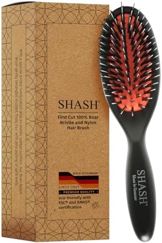 SHASH Since 1869 Hand Made In Germany - Nylon Boar Bristle Brush Suitable For Normal to Thick Hair Gently Detangles, No Pulling or Split Ends - Softens Improves Hair Texture, Stimulates (Extra Small) by SHASH