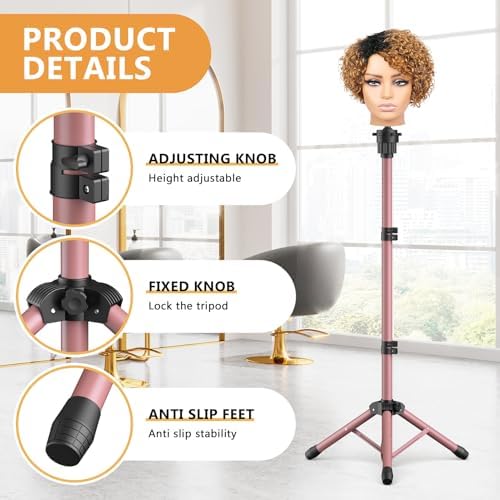 Wig Head Stand 50 Inches, Height Adjustable Tripod Wig Stand, Salon Mannequin Head Stand with Anti-Slip Base for Styling, Display Barber Training, Beauty School (Pink) - Image 5