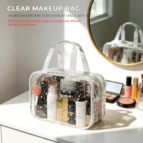 Clear White Star Large Makeup Bag with Star Pattern 12x5x8 inch, Travel Cosmetic Bag with Handle, Durable PVC Material Washbag Zipper Opening Design for Makeup Travel Organizer or Gym Use - Image 4