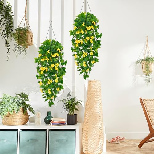 BLEUM CADE Artificial Hanging Flowers for Outdoors, 2pcs Fake Hanging Plants Pothos Vines with Yellow Flowers for Wall Home Living Room Indoor Outdoor Decor (No Baskets) - Image 4