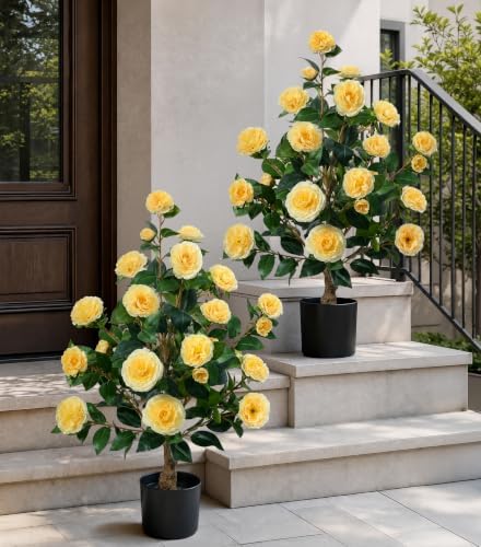 HyeFlora 3ft Artificial Camellia Tree 2 Pack, 34 Inches Faux Camellia Plant in Pot,Fake Potted Camellia Flower Trees UV Resistant for Modern Home Office Living Room Floor Indoor Outdoor Patio Decor by HyeFloraartificialflowers