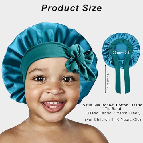 3 Pcs Kids Silk Bonnet for Sleeping - Baby Satin Bonnet for Sleeping,Kids Hair Bonnets for Curly Hair Girls Boys with Wide Elastic Band,Sleep Cap for Teens Toddler Child (Peacock Blue+Black+Beige) - Image 2