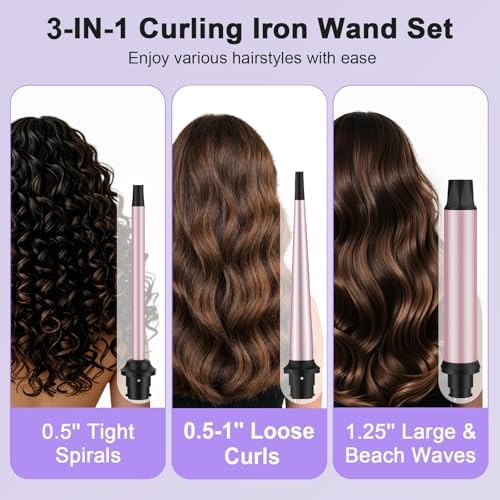 3 in 1 Wand Curling Iron, Curling Iron Set with Tapered Curling Wand (0.5-1") and 2 Interchangeable Ceramic Wand Curler (0.5"-1.25"), Fast Heating with Adjust Temp, Dual Voltage, Gift for Women - Image 2