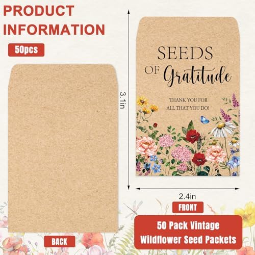 JarThenaAMCS 50 Sets Spring Wildflower Seed Packets Seeds of Gratitude Adhesive Kraft Envelopes Floral Seed Storage Bags with Thank You Tags for Guest Birthday Wedding Party Favors(No Seeds Include) - Image 2