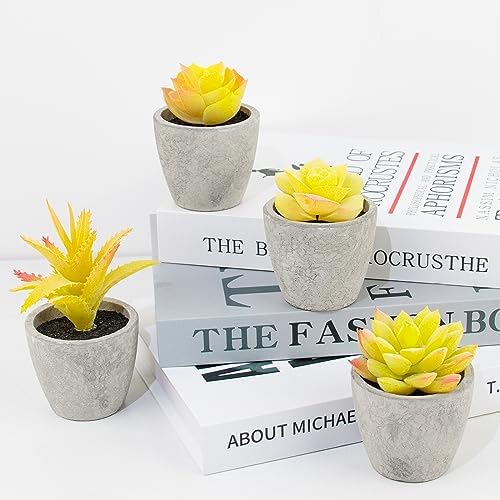 Set of 4 Small Yellow Fake Succulent Plants - Mini Artificial Succulents for Bathroom, Living Room, Office Desk, Coffee Table, Kitchen Shelves - Aesthetic Indoor Shelf Decor - Image 3