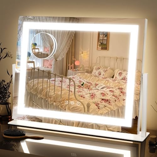 FENNIO Vanity Mirror with Lights 22''x18'' Makeup Mirror with Lights,Lighted Makeup Mirror with 10X Magnification and USB，Smart Touch Screen with 3-Color Lighting,Dimmable（Square White） by FENNIOLEDMIRRORS