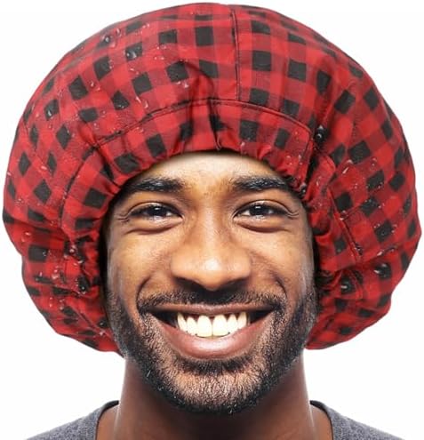 Shower Cap for Men Red Plaid Bath Cap, Reversible Large Waterproof Adjustable Shower Caps Terry Lining & Elastic Band Stretch Hem Hair Hat - Image 7