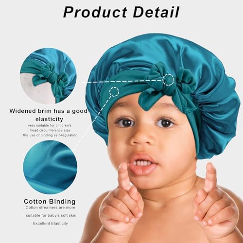3 Pcs Kids Silk Bonnet for Sleeping - Baby Satin Bonnet for Sleeping,Kids Hair Bonnets for Curly Hair Girls Boys with Wide Elastic Band,Sleep Cap for Teens Toddler Child (Peacock Blue+Black+Beige) - Image 3