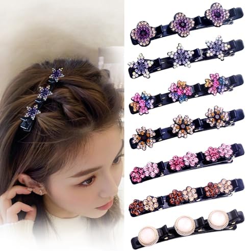 Hair Clips for Styling - 7PCS Crystal Stone Braided Hair Clips, Double-Layer Star and Flower Clips for Women and Girls, Sparkling Rhinestone Duckbill Clips, Non-Slip Hair Accessories (FlaSloth) by FlaSloth