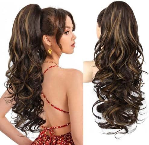 REECHO Ponytail Extension, 24" Claw Clip in Long Curly Wavy Ponytail Hair Extension Jaw Clip on Pony Tails Hairpiece for Women - Dark Brown with Highlights by REECHO