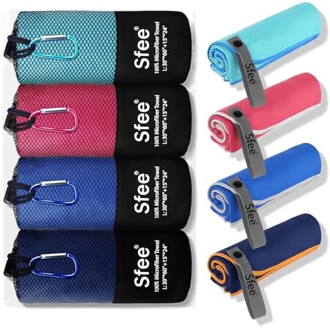 Sfee 4 Pack(8Pcs) Microfiber Travel Towel, Quick Dry Beach CampingTowel Super Absorbent Compact Lightweight Sport Gym Towels for Beach, Gym, Hiking, Pool, Backpacking, Bath, Yoga(L:60"*30"+24"*15") by Sfee