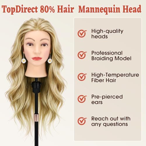 TopDirect 80% Mannequin Head Human Hair,26''Sandy Blonde Real Hair Mannequin Head,Cosmetology Manikin Head Doll Hair Styling Hairdressing Practice Training Wig Head with Clamp Holder and Tools - Image 6