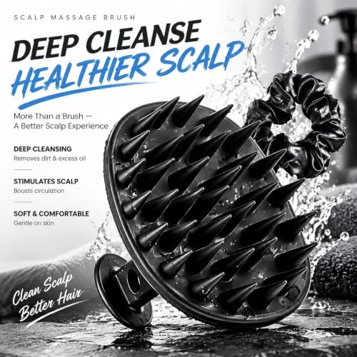 Scalp Massager Shampoo Brush Scrubber with Satin Scrunchie - Image 2