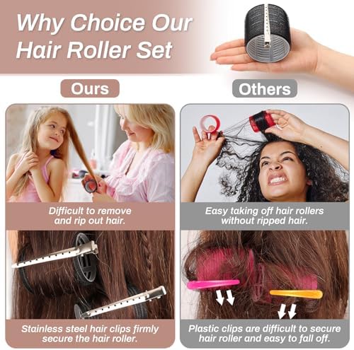 Self Grip Hair Rollers Curlers 16 Pcs Set with 8Pcs Hair Rollers 2 Sizes (4 Jumbo & 4 Large) and 8 Pcs Hair Clips for Long Medium Short Thick Fine Thin Hair Volume (Black) - Image 5