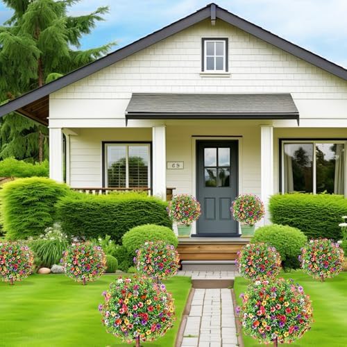 27.5" Artificial Flowers Boxwood Topiary Ball Tree Set of 2, UV Resistant Fake Bushes Shrubs with Ground Spike, Faux Evergreen Tree for Front Porch Outdoor Garden Decor - Image 2
