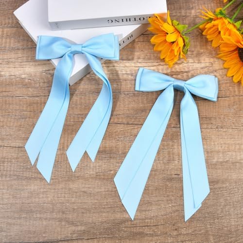 2PCS Silky Satin Hair Bows Hair Clip Blue Hair Ribbon Ponytail Holder Accessories Slides Metal Clips Hair Bow for Women Girls Toddlers Teens Kids - Image 5