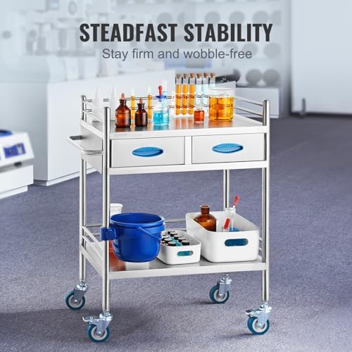 VEVOR Lab Serving Cart Utility Cart Stainless Steel Medical Cart with Two Drawers for lab Equipment Use Grade I Stainless Steel Utility Services (2 Shelves/ 2 Drawer) - Image 3