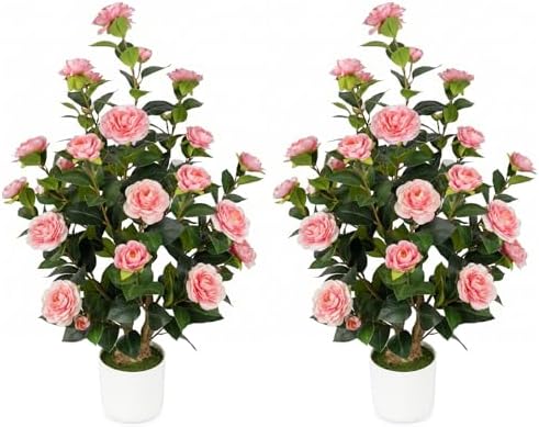 2 Pack 3FT Artificial Camellia Trees with Pink Flowers by UFEH
