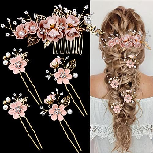 5 Pieces Bridal Flower Wedding Hair Pins Crystal Pearl Hair Combs Clips Headpiece Gold Wedding Hair Accessories Jewelry with Rhinestone for Brides Bridesmaids Women Girls Updo (Cherry Blossoms Pink) by LAPOHI