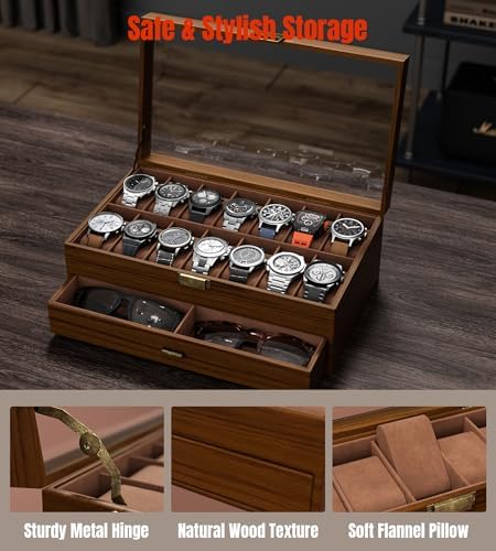 Watch Case Box for Men - Ultra-thin Frame Wide Display 14 Slots 2-Layer Wooden Grain Watch Sunglass Storage Organizer, Real Glass Lid Display Case Gift for Dad Husband - Image 6