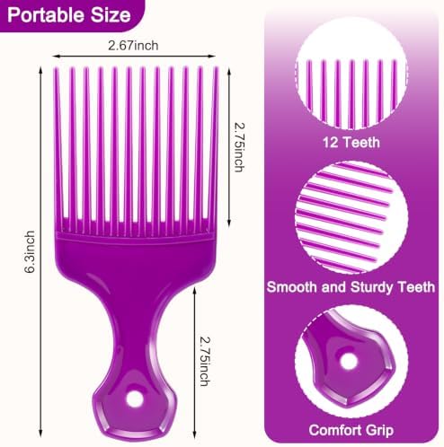 SIMPOR 4 Pcs Hair Pick Comb Wide Tooth Lift for Hair Styling Detangling, Plastic Afro Pick for Women Men, Fist Picks for Curly and Afro Hair (Purple, Silver, Clear Orange, Red) - Image 2