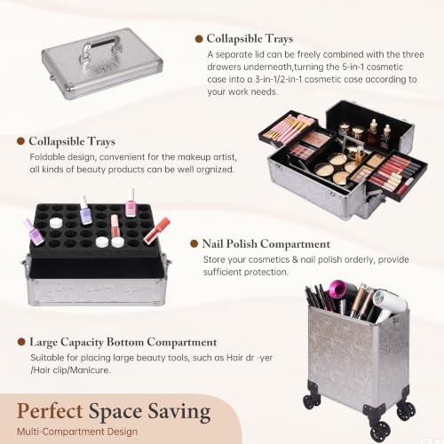 5 in 1 Rolling Makeup Train Case Professional Cosmetic Trolley Large Storage Organizer on Wheels for Hairstylist Artist Nail Beauty Salon Barber Silver - Image 6