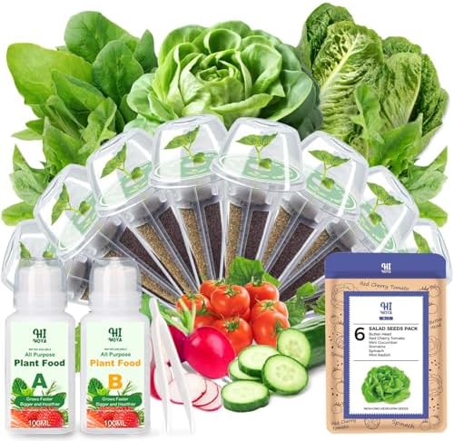Hydroponic Salad Seed Pod Kit - 8 Pods Veggie Starter Kit for All Hydroponics Growing Systems with 600+ Seeds: Cherry Tomato, Butterhead, Romaine, Spinach, Mini Cucumber, Radish by HiHOYA
