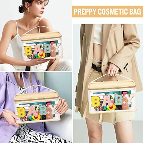 Chenille Letter Clear Makeup Bags Baby Pouch, Preppy Patch Makeup Bag Zipper with Handle, Transparent PVC & Nylon Waterproof Glitter Cosmetic Handbag Travel Toiletry Storage for Women Girl(BABY-Beige) - Image 5
