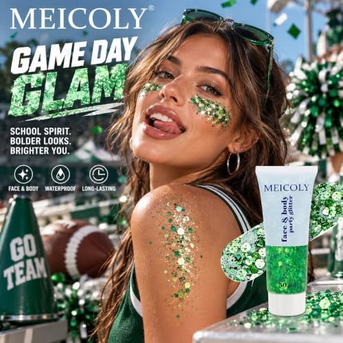 MEICOLY Green Face Body Glitter,St Patricks Day Chunky Hair Glitter for Women Kids,Self-Adhesive Holographic Green Accessories Irish Parade Makeup,Spirit Day Wear,Alien Costume,Festival Rave Outfits - Image 3