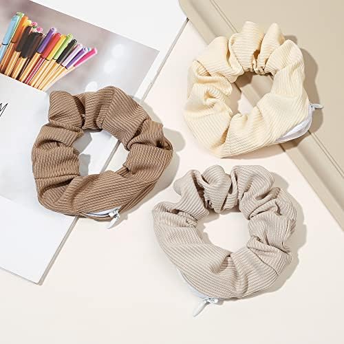 Pocket Scrunchies Hair Ties with Hidden Zipper Scrunchy Ponytail Holder Brown Series - Image 6