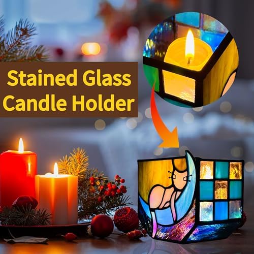 Tiffany Stained Glass Funny Moon Sleeping Cat Planter,Flower Pots for Indoor Plants,Plant Pot with Drainage,Cute Grey Cat Plant Pots,Gifts for Plant Lovers,4.6x3x5.15 in - Image 2