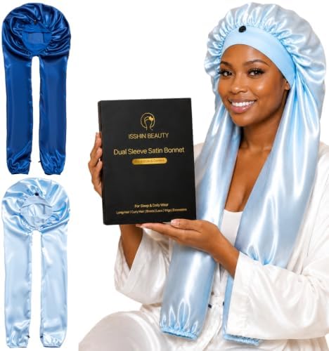 Isshin Beauty Satin Hair Bonnet for Sleeping Women: Dual Sleeve 2 in 1 Long Hair Protector Anti Frizz Sleep Cap by IsshinBeauty