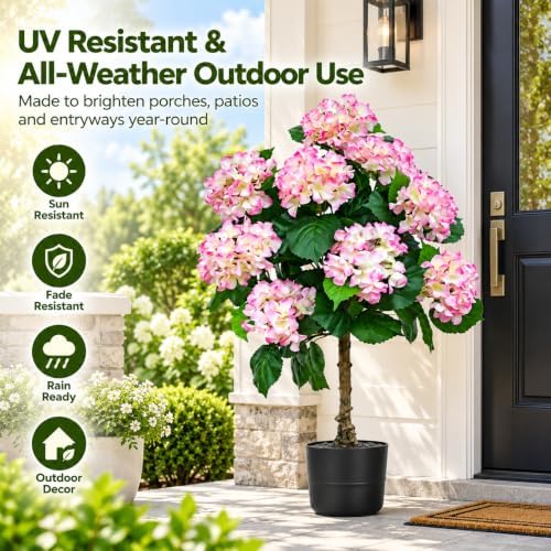 THKFUL 3.7FT Artificial Hydrangea Tree with Natural Trunk, Pink & White Faux Flowering Tree in Pot for Living Room, Entryway, Bedroom, Front Porch, Patio & Cottage Home Decor - Image 3