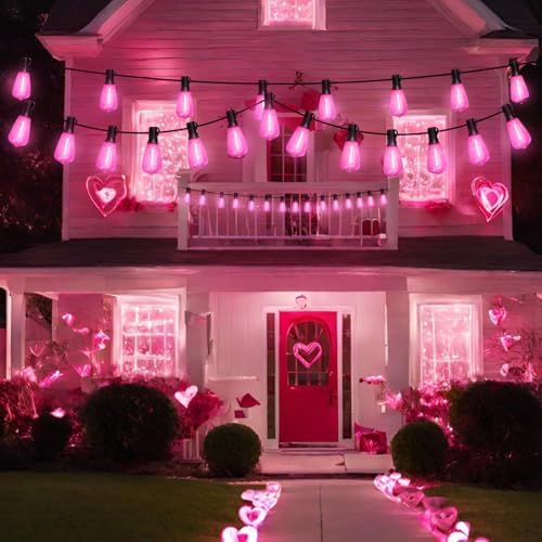LAMPHOME 2-Pack 26Ft ST38 Pink Valentine's Day Patio Lights ，Outdoor String Lights with 12+1 ST38 Edison Bulbs, Shatterproof LED Lights for Outside Bistro Christmas Wedding Party Decorations - Image 4