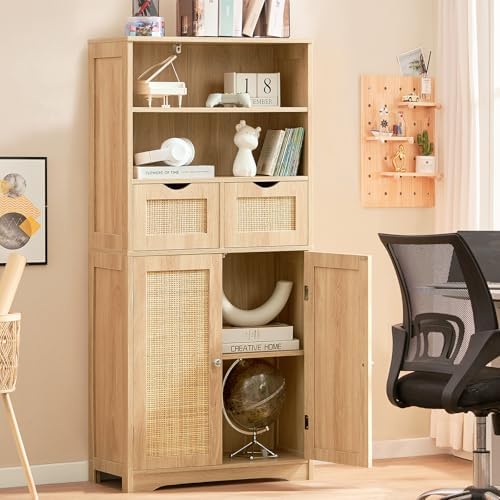 Iwell Tall Storage Cabinet, Rattan Cabinet with 2 Drawers & Adjustable Shelf, Kitchen Pantry Storage Cabient, Entryway Cabinet for Living Room, Dining Room, Home Office, Natural - Image 5