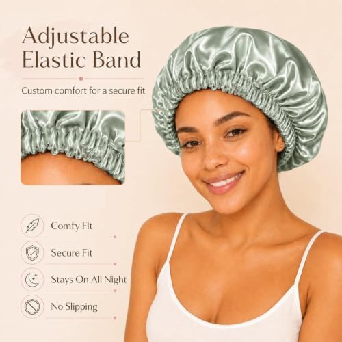 Women’s Satin Bonnet for Sleeping, Double Layer Sleep Cap, Green - Image 3
