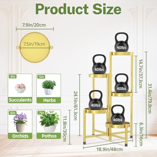 iDavosic.ly Plant Stand Indoor Outdoor, 5 Tier Metal Corner Shelf, Gold - Image 3