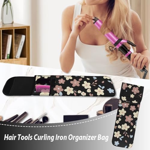 Women's Heat Resistant Neoprene Curling Iron Holder Flat Iron Curling Wand Travel Storage Cover Case Bag Pouch -Water-Resistant Cartoon Cherry Blossom - Image 4