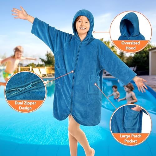 SUN CUBE Kids Hooded Towel Robe, Zip-Up Fleece Swim Cover Up, Ages 7-12 - Image 3