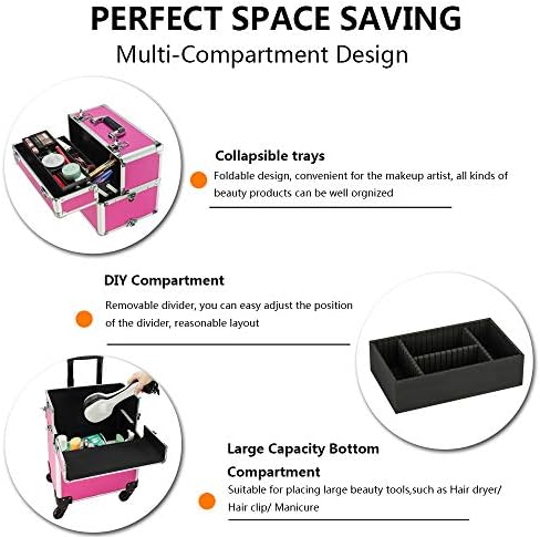 mefeir 3 in 1 Rolling Makeup Train Case, Aluminum Makeup Travel Organizer Cosmetic Case, Cosmetology Display Suitcase on Wheels, Beauty Storage Luggage Lockable w/4 Removable Wheels (Rose-Pink) - Image 4