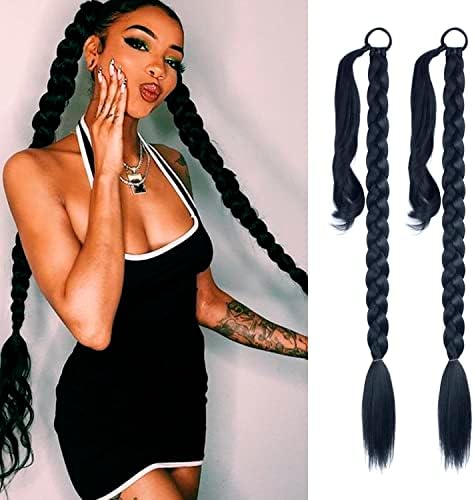 LyoRuSi 2 Pack 34'' Black Long DIY Braided Ponytail Extension with Hair Tie by LyoRuSi