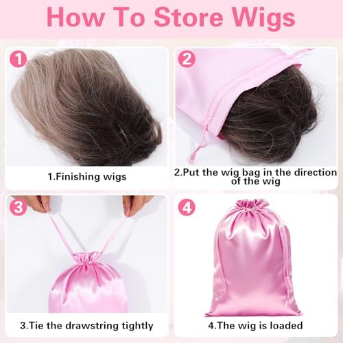 6 Pcs Satin Wig Bags With Drawstring, Silk Hair Storage Bags For Multiple Wigs, Bundles, Extensions, Pink - Image 4