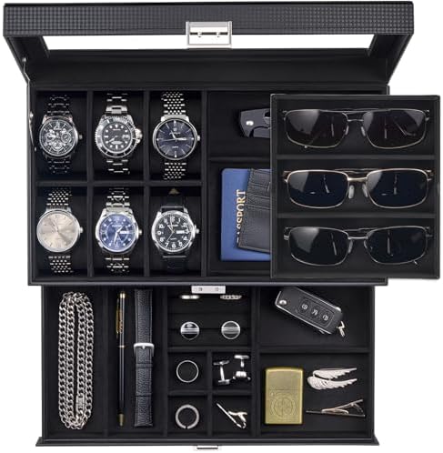 ProCase Mens Jewelry Box,6 Slot Watch Box & 3 Slot Sunglass Holder-AllBlack by ProCase