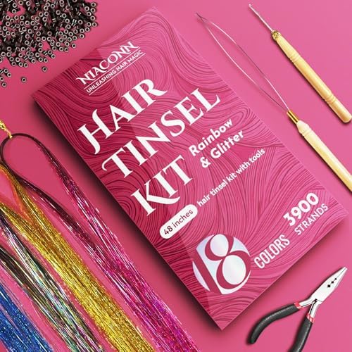 NIACONN Glitter Hair Tinsel Extensions Kit 18 Colors with Tools and Beads, 48 Inch Sparkly Fairy Colorful Tensile Strands Shiny Hair Accessories for Women Girls Kids - Image 2