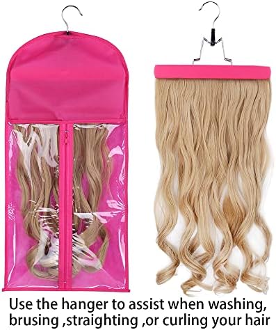 1 Pack Hair Extension Hanger with Storage Bag Wig Holder Storage Bag Bundles Hairpieces Ponytail Wig Carrier Case with Hanger for Store Style Hair Travel Pink Color - Image 5