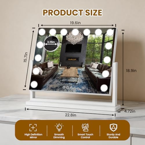 Vanity Mirror with Lights, 23"×19" Hollywood Makeup Mirror with 15 Dimmable Bulbs, 3-Color Lighting, Dimmable, 360° Rotation, 10x Magnification, Desk Mirror, Bedroom (White) - Image 2
