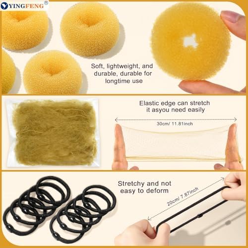 YINGFENG 134 Pcs Gold Hair Bun Maker Kit for Kids Small - 4 Hair Donuts for Buns, 20 Hair Nets for Buns, 100 U Shaped Bobby Pins, 10 Hair Bands, for Girls, Ballet Dance, Hair Accessories for Women - Image 5